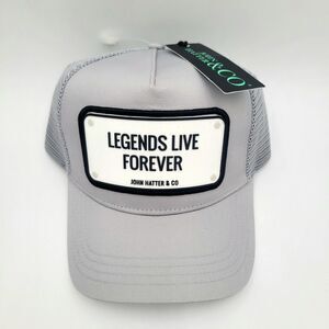 John Hatter & Co Light Gray Trucker Hat RUBBER PLAQUE LEGENDS LIVE FOREVER NWTs